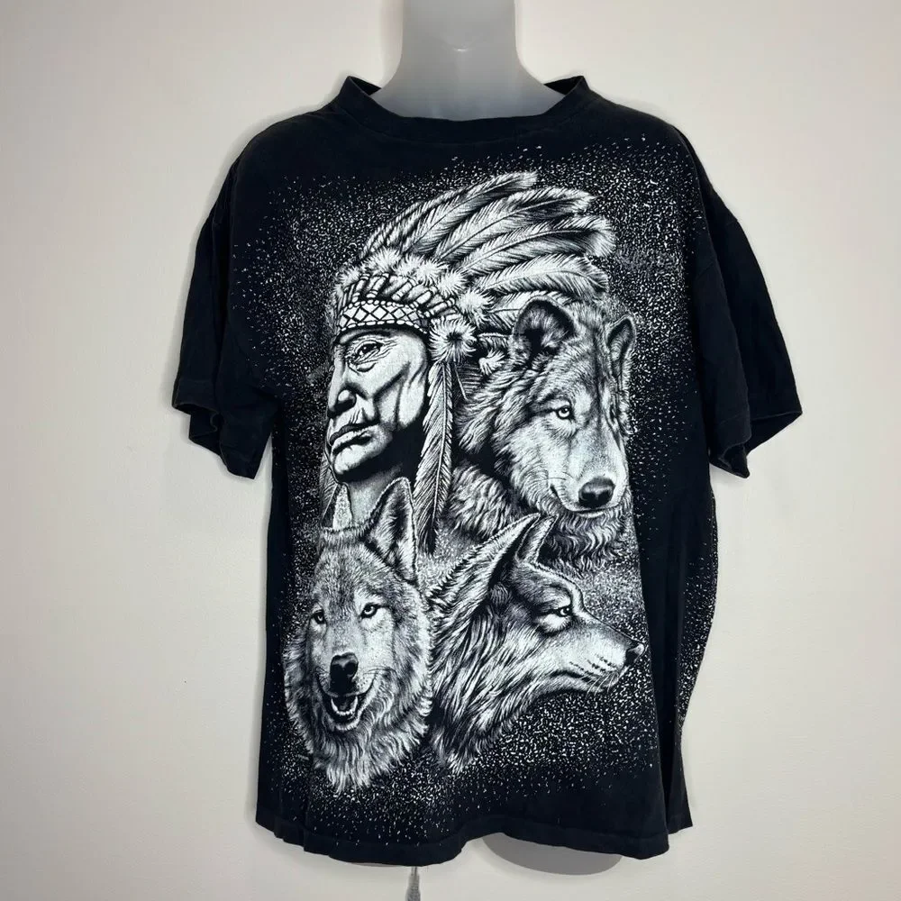 Vintage 90s American thunder Native American graphic Black shirt double sided M
